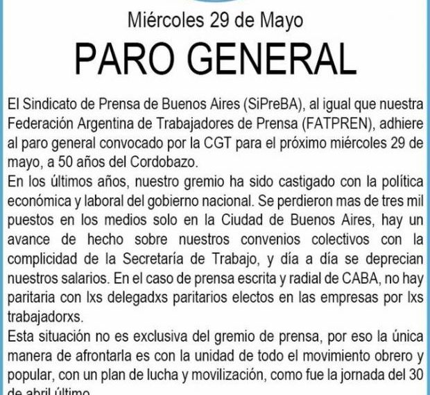 #29M: El SiPreBA adhiere al Paro General