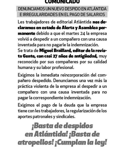 El SiPreBA repudia un nuevo despido en Editorial Atlántida