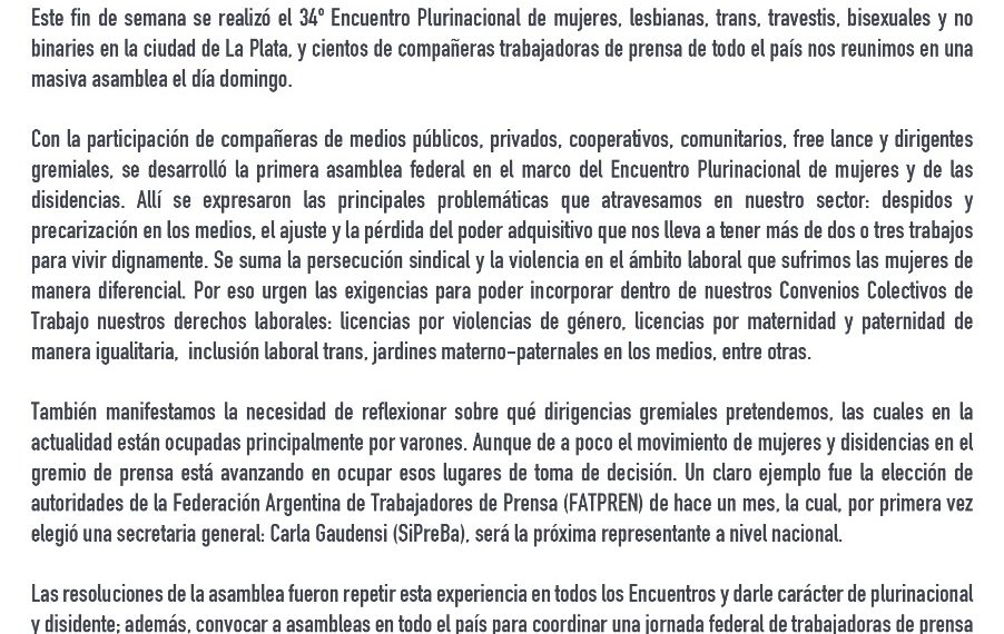 Las trabajadoras de Prensa de todo el país dijeron presente en el 34º Encuentro