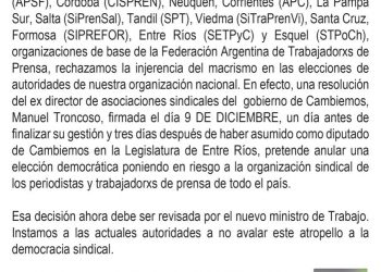 El SiPreBA y sindicatos de prensa del país dicen NO a la injerencia del macrismo en la FATPREN