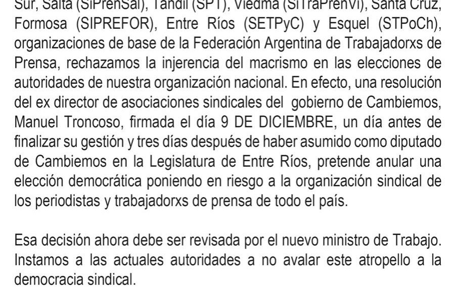 El SiPreBA y sindicatos de prensa del país dicen NO a la injerencia del macrismo en la FATPREN