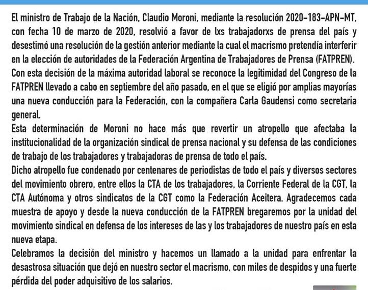 FATPREN: Resolución a favor de lxs trabajadorxs de prensa