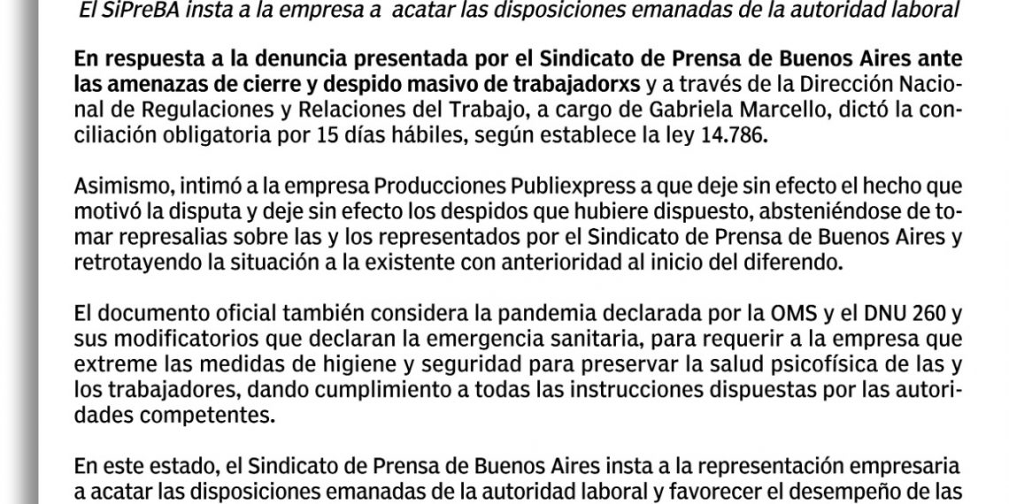 Revista Pronto: El Ministerio de Trabajo dictó la conciliación obligatoria en el conflicto por amenaza de cierre