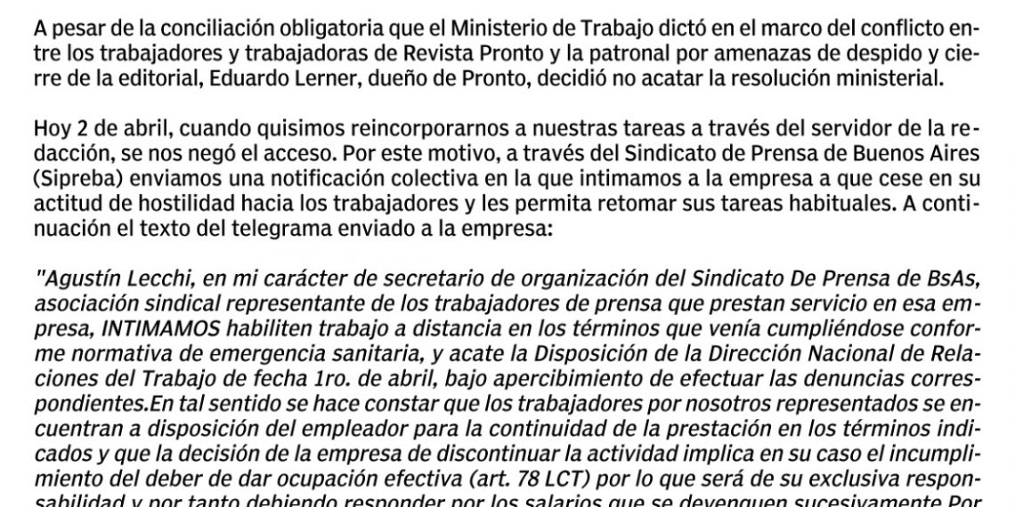 Los dueños de Revista PRONTO violan la conciliación obligatoria