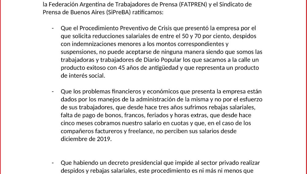 Junto a las y los trabajadores, el SiPreBA dice NO al ajuste en Diario Popular