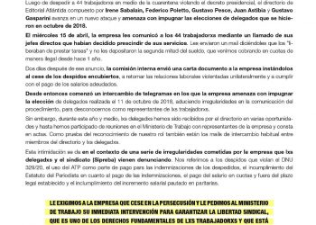 Editorial Atlántida: el SiPreBA repudia los despidos y la persecución