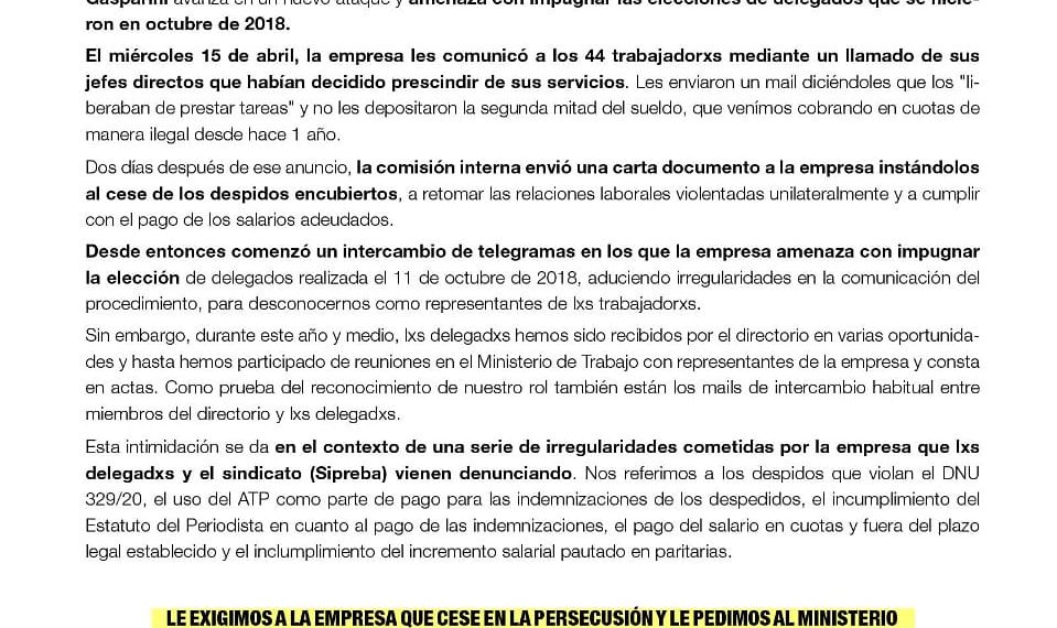 Editorial Atlántida: el SiPreBA repudia los despidos y la persecución