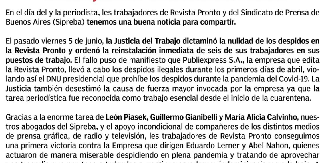 Revista PRONTO: la Justicia del Trabajo dictaminó la nulidad de los despidos