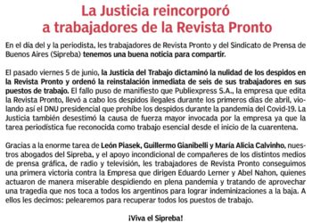 Revista PRONTO: la Justicia del Trabajo dictaminó la nulidad de los despidos