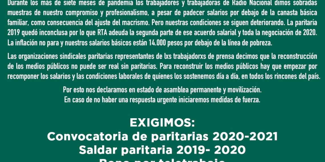 Radio Nacional: exigimos convocatoria a paritarias y recomposición salarial urgente